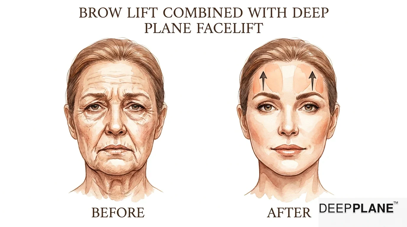 Brow lift anatomy showing frontalis muscle, temporal fascia, and lift vectors for brow repositioning