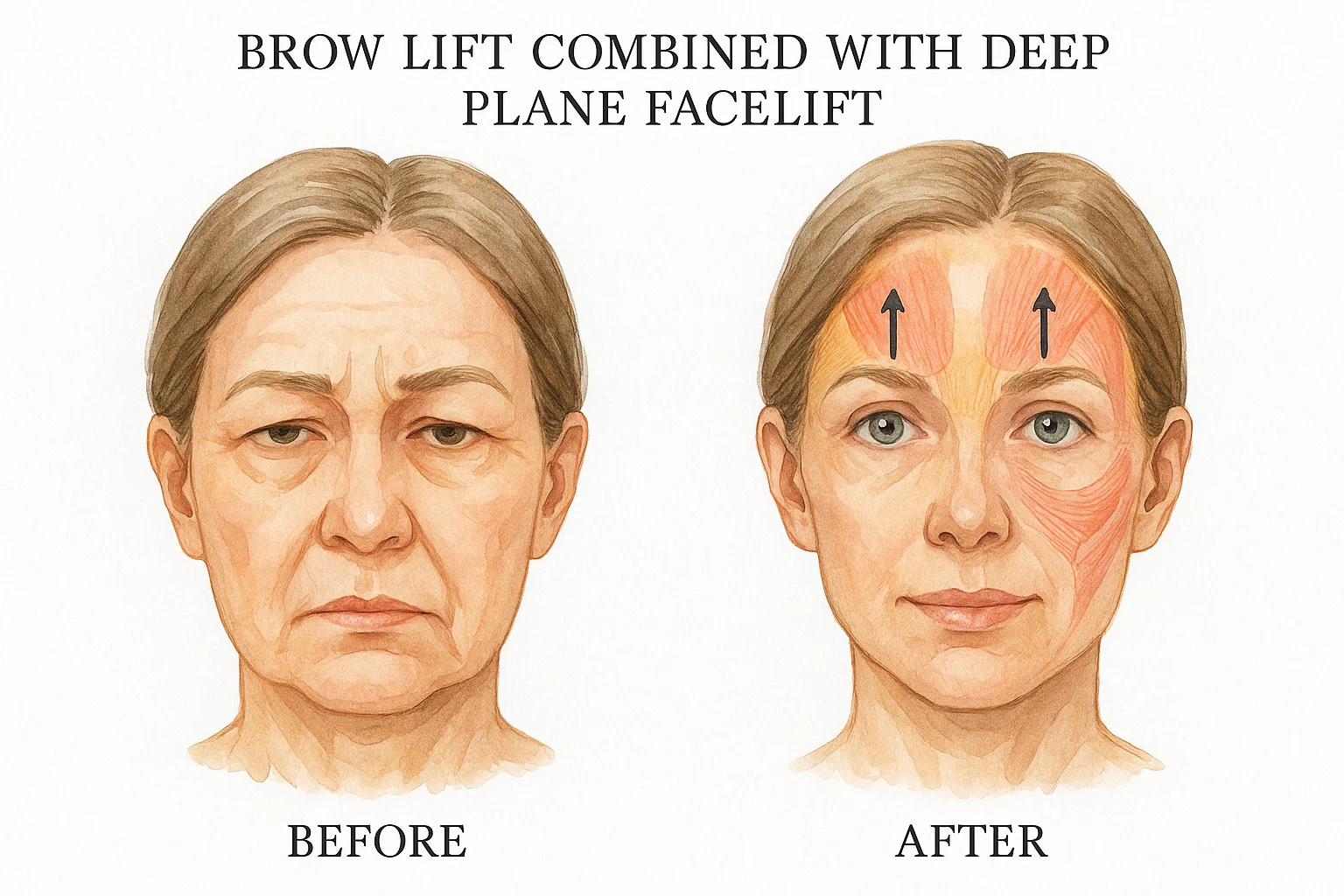 Brow lift anatomy showing frontalis muscle, temporal fascia, and lift vectors for brow repositioning