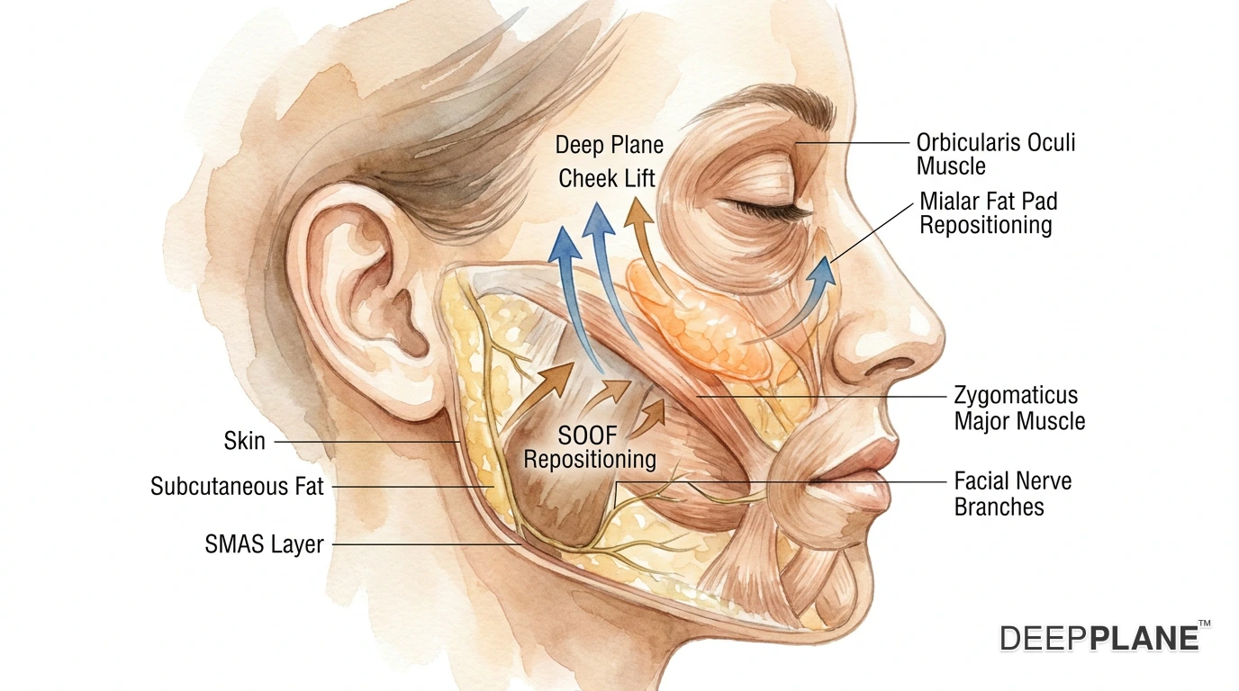 Deep plane cheek lift technique showing malar fat pad repositioning, SOOF repositioning, and upward lift vectors on facial anatomy