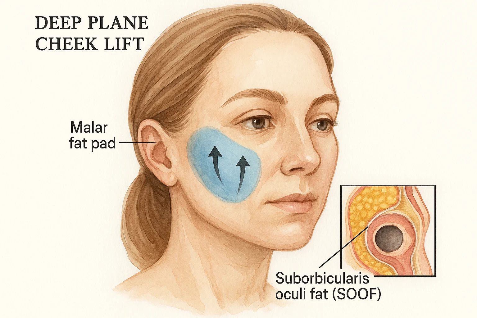 Deep plane cheek lift technique showing malar fat pad repositioning, SOOF repositioning, and upward lift vectors on facial anatomy