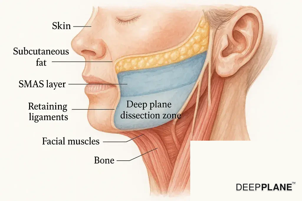 Querschnittsdiagramm der chirurgischen Anatomie eines deep plane Facelifts, das die Schichten des Gesichts, die SMAS-Schicht und die Haltebänder zeigt