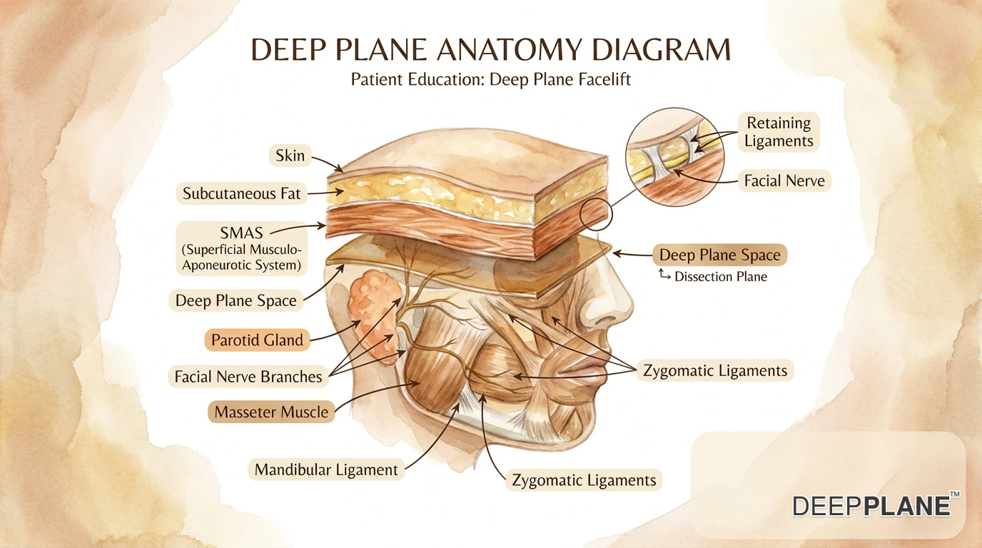 رسم تخطيطي مقطعي لتشريح جراحة deep plane facelift يوضح طبقات أنسجة الوجه، وطبقة SMAS، والأربطة المثبتة