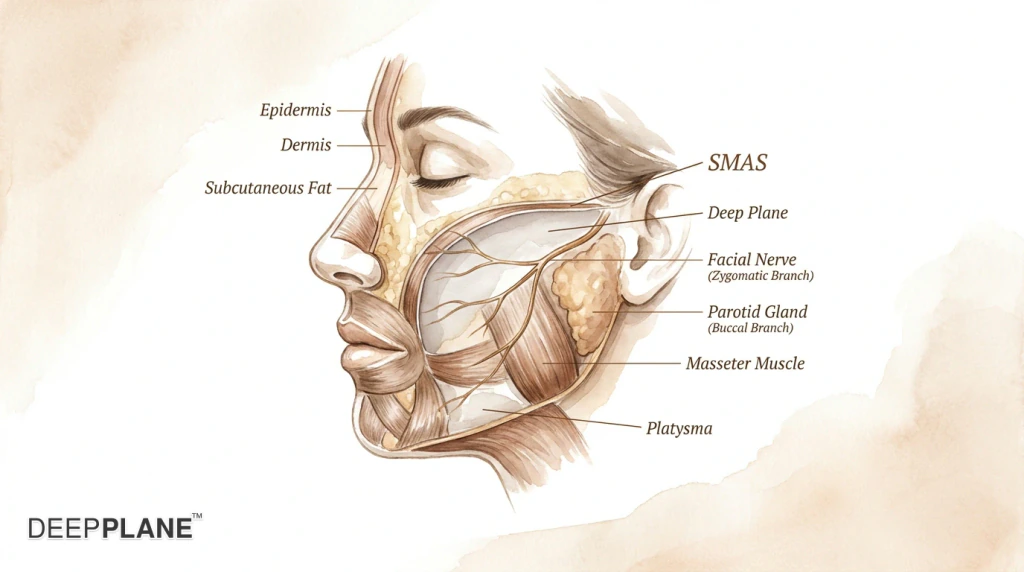 رسم تخطيطي مقطعي لتشريح جراحة deep plane facelift يوضح طبقات أنسجة الوجه، وطبقة SMAS، والأربطة المثبتة