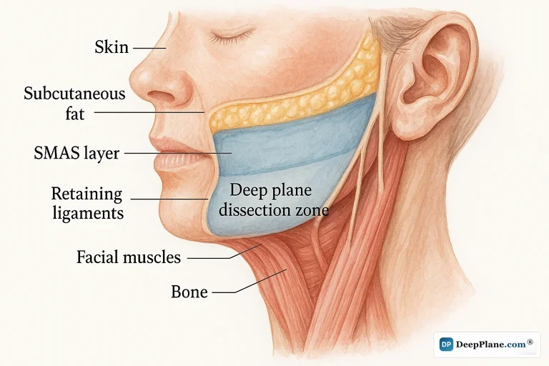 Cross-section diagram of deep plane facelift surgical anatomy showing facial tissue layers, SMAS layer, and retaining ligaments