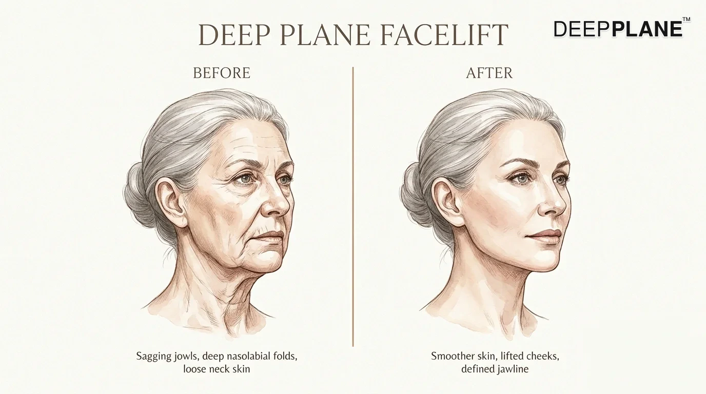 Ilustracija pre i posle deep plane facelift-a koja prikazuje obnovljene mladalačke konture lica, smanjene obraze i poboljšanu definiciju vilice
