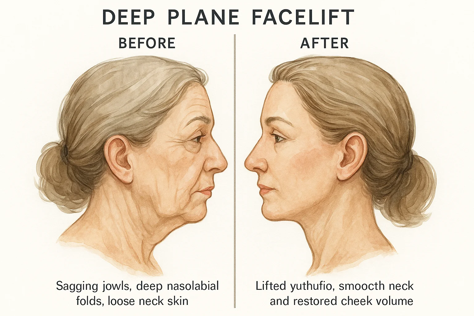 Before and after illustration of deep plane facelift showing restored youthful facial contours, reduced jowls, and improved jawline definition