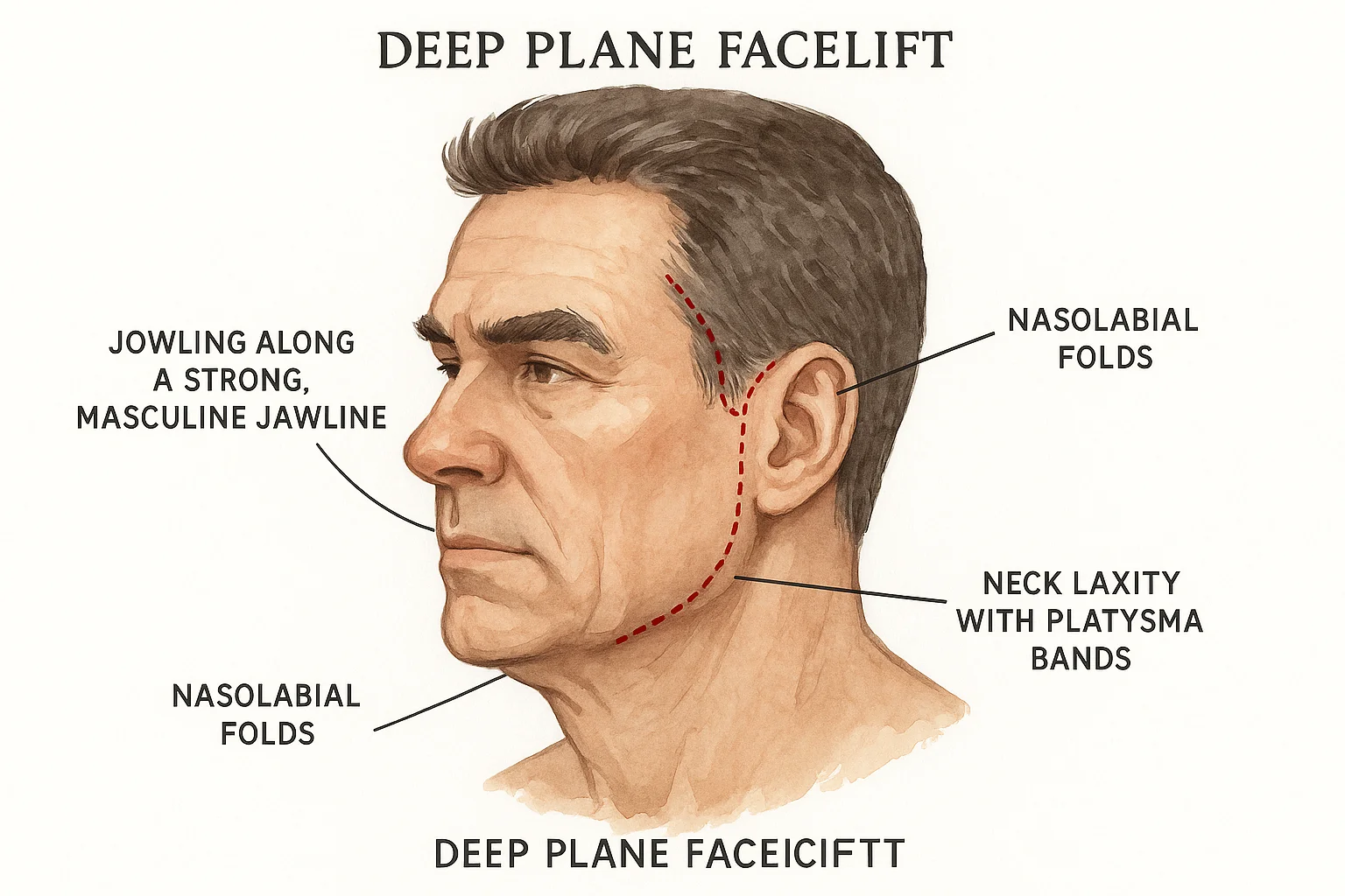 Male deep plane facelift diagram showing incision lines preserving masculine hairline, addressing jowling, neck laxity, and nasolabial folds