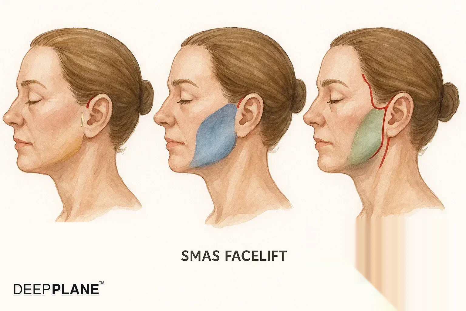 Üç yüz germe tekniğinin görsel karşılaştırması: Minimal insizyonlu Mini Yüz Germe, orta derinlikte diseksiyonlu SMAS Yüz Germe ve en derin diseksiyonlu Deep Plane Yüz Germe