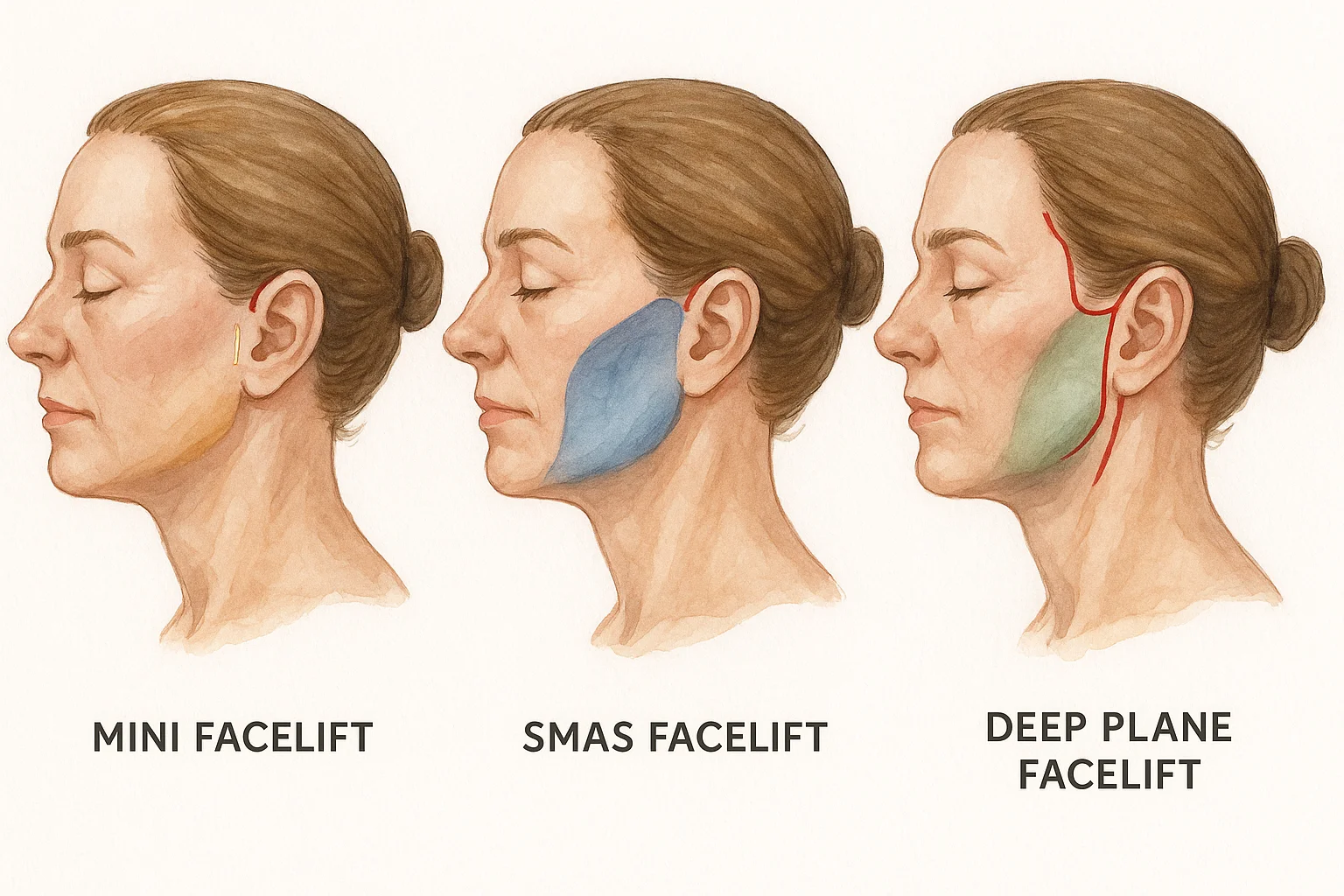 Visual comparison of three facelift techniques: Mini Facelift with minimal incision, SMAS Facelift with medium depth dissection, and Deep Plane Facelift with deepest dissection