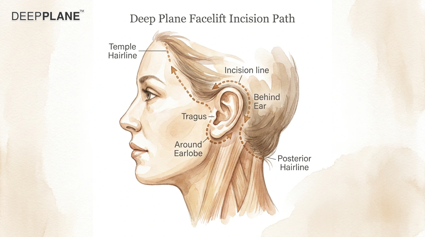 Deep plane facelift incision lines diagram showing hairline incision path from temple, around ear tragus, behind ear, into hairline