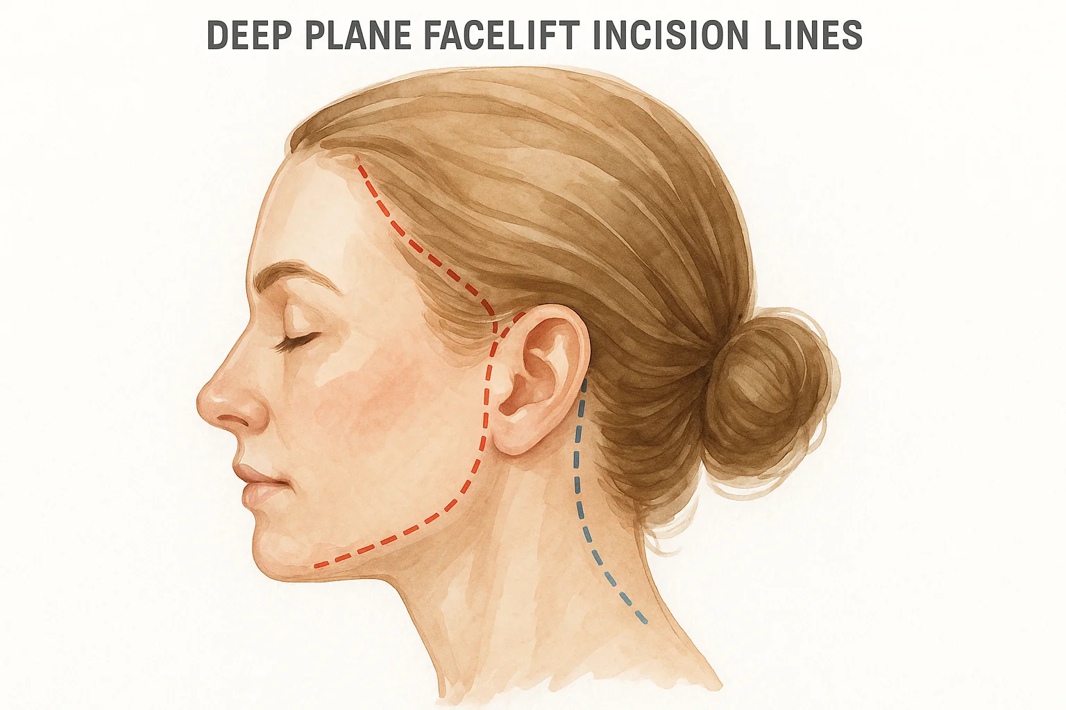 Deep plane facelift incision lines diagram showing hairline incision path from temple, around ear tragus, behind ear, into hairline