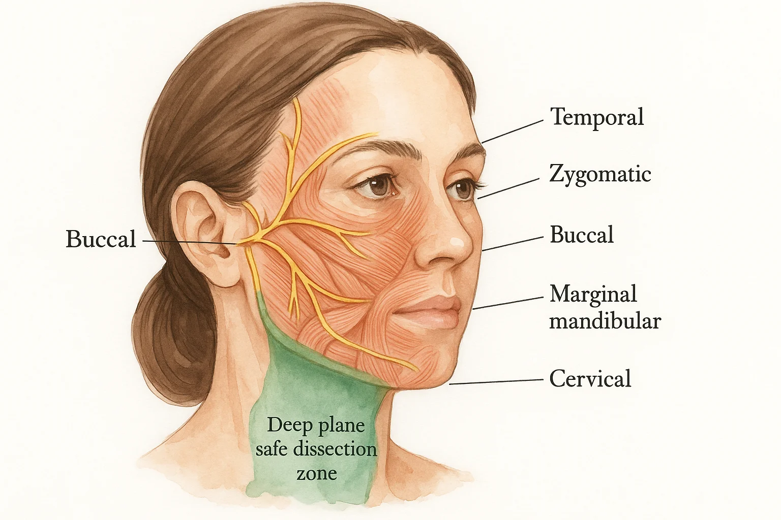 Facial nerve anatomy showing five branches (temporal, zygomatic, buccal, marginal mandibular, cervical) with deep plane safe zone highlighted