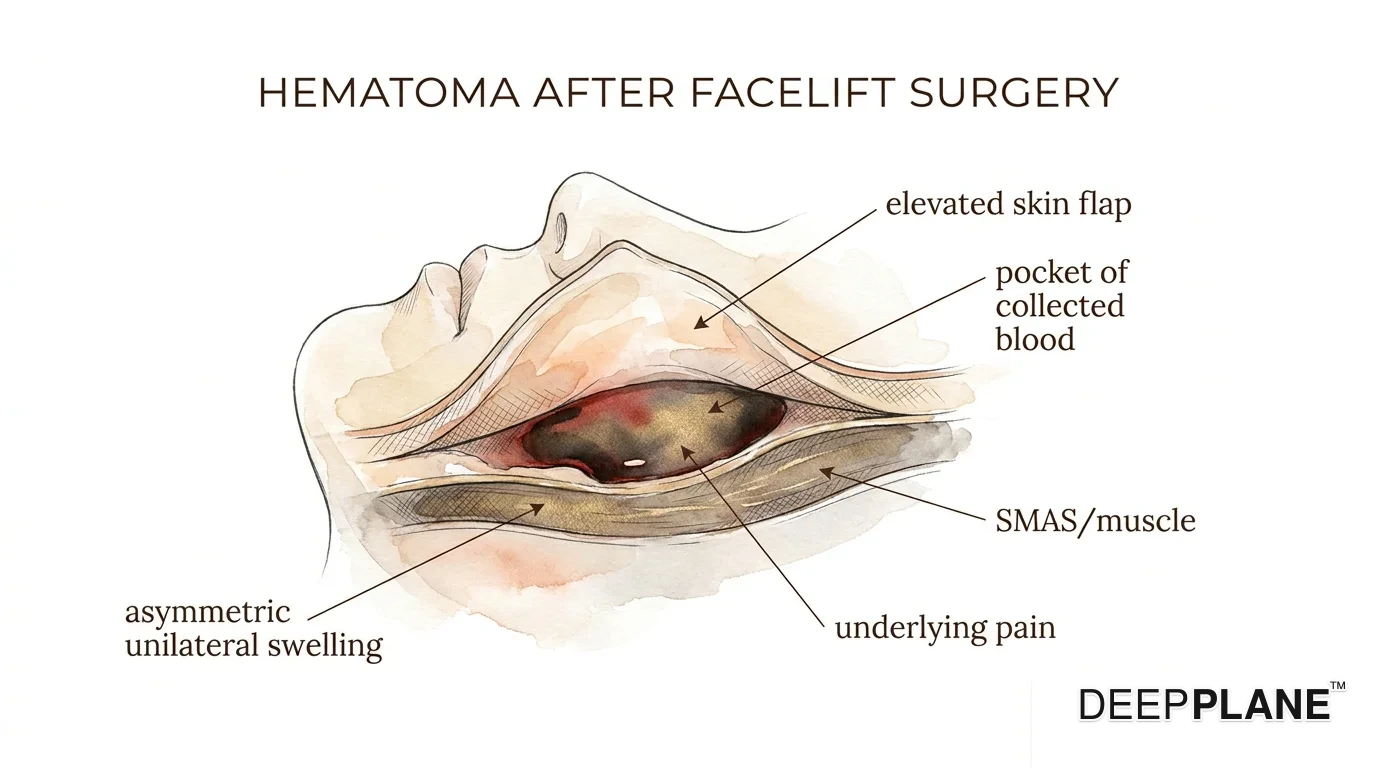 Cross-section of hematoma after facelift showing blood collection between skin flap and deeper tissues with warning signs
