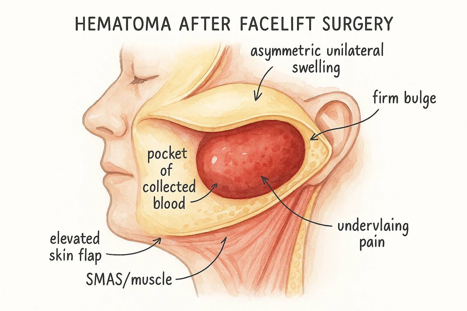 Cross-section of hematoma after facelift showing blood collection between skin flap and deeper tissues with warning signs