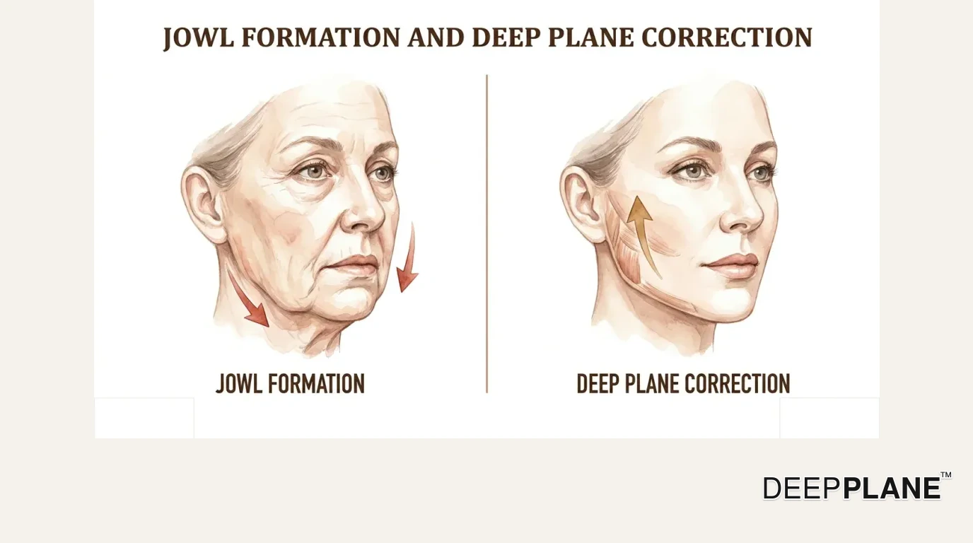 Before and after illustration of jowl correction with deep plane facelift showing tissue descent and jawline restoration