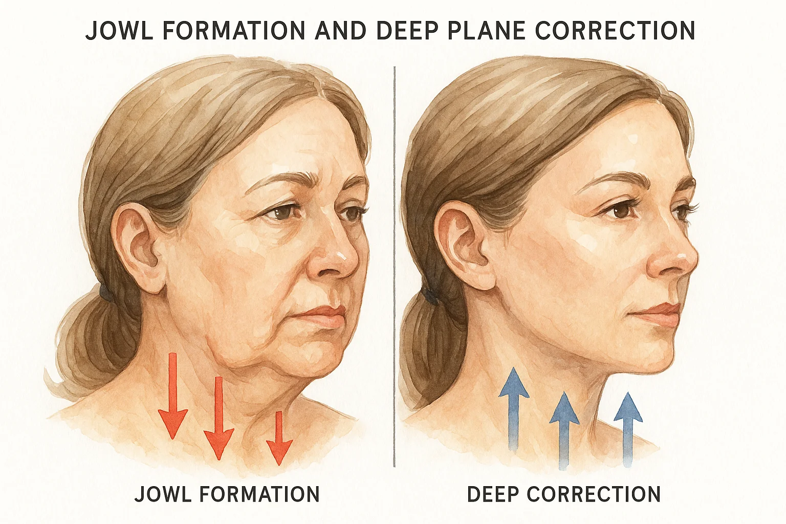Before and after illustration of jowl correction with deep plane facelift showing tissue descent and jawline restoration