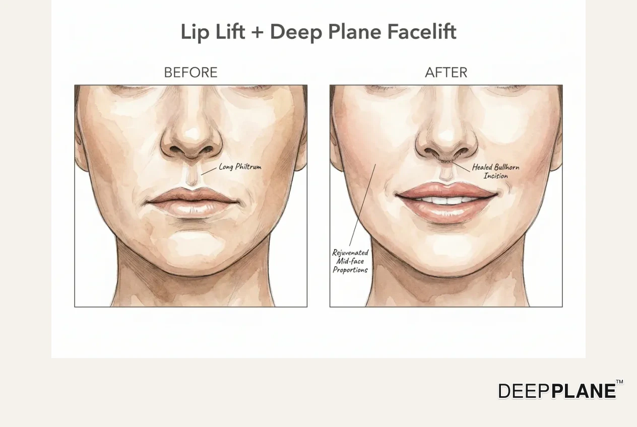 Bullhorn lip lift before and after showing incision at nose base, upper lip shortening, and improved vermillion show