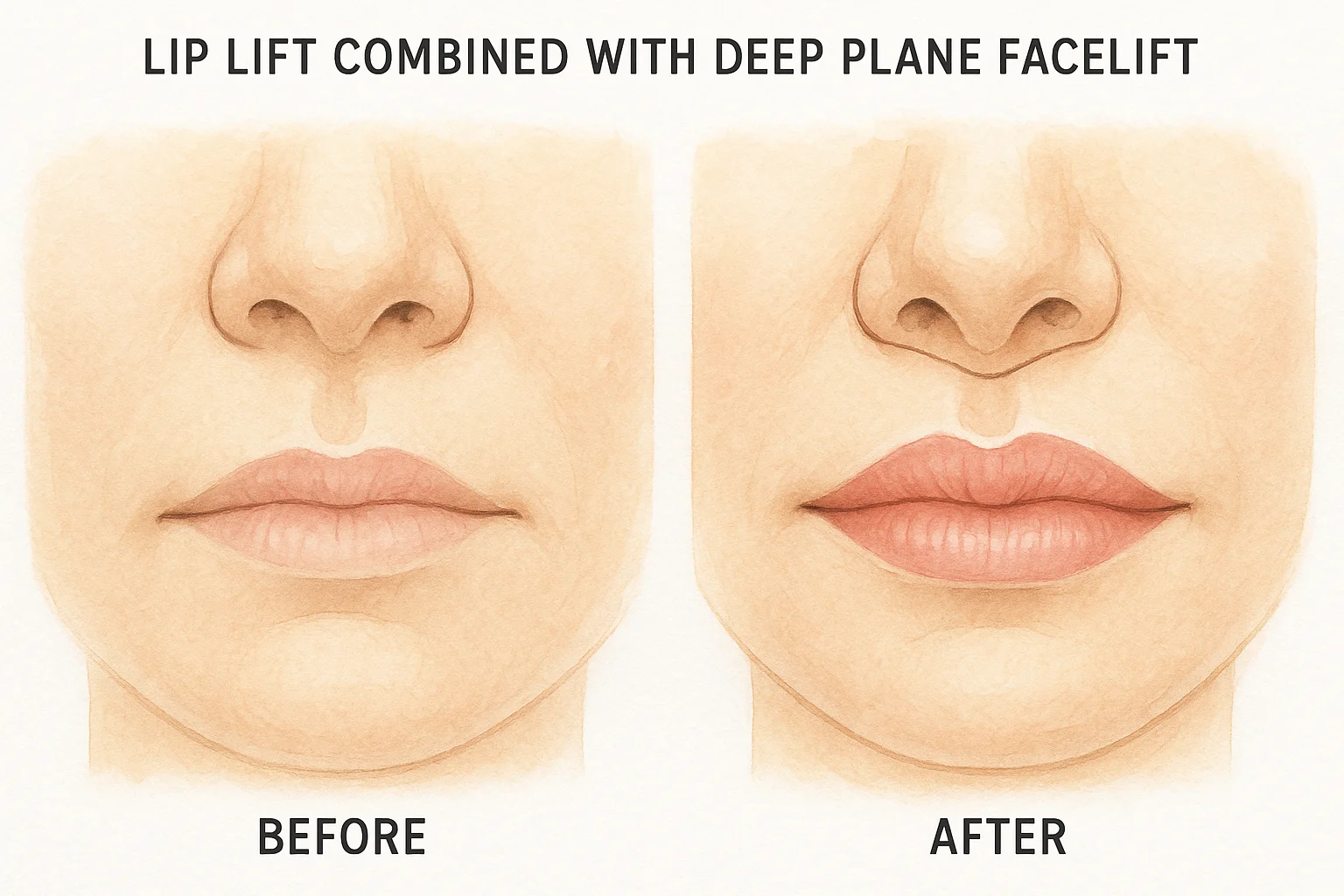 Bullhorn lip lift before and after showing incision at nose base, upper lip shortening, and improved vermillion show
