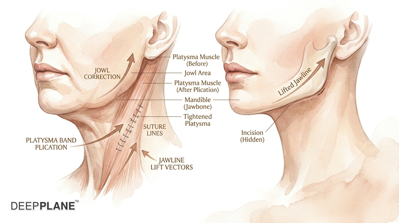 Lower facelift technique showing jowl correction, platysma band plication, and jawline lift vectors