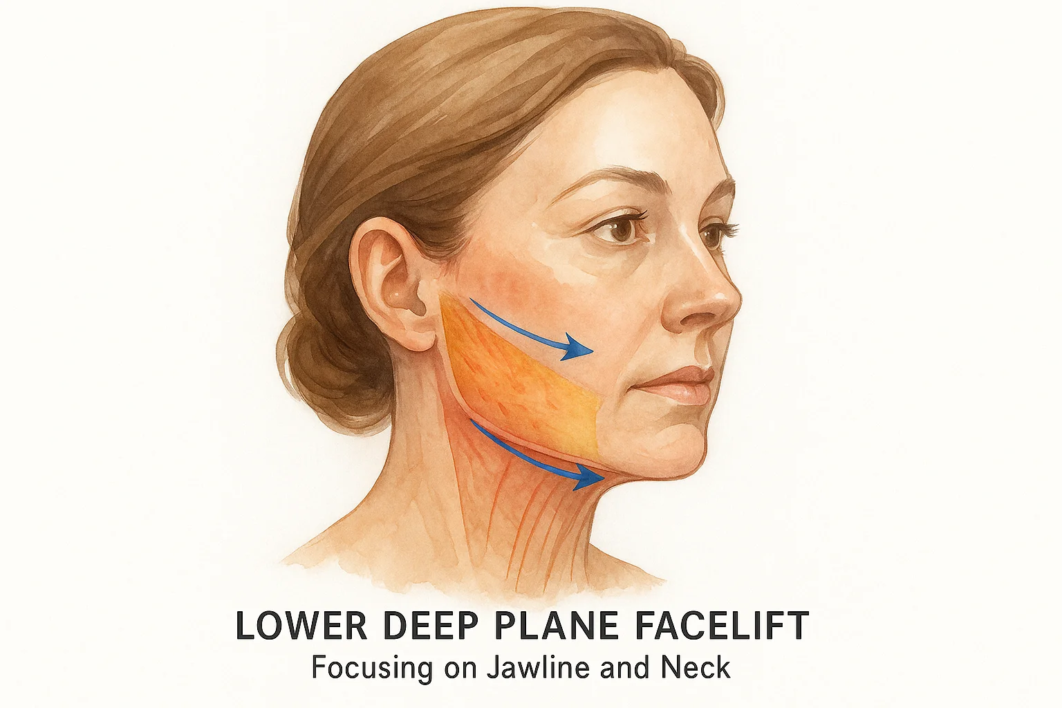 Lower facelift technique showing jowl correction, platysma band plication, and jawline lift vectors