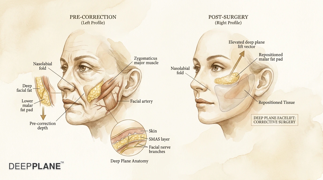 Nasolabial fold correction with deep plane facelift showing pre-correction depth and repositioned malar fat pad after surgery