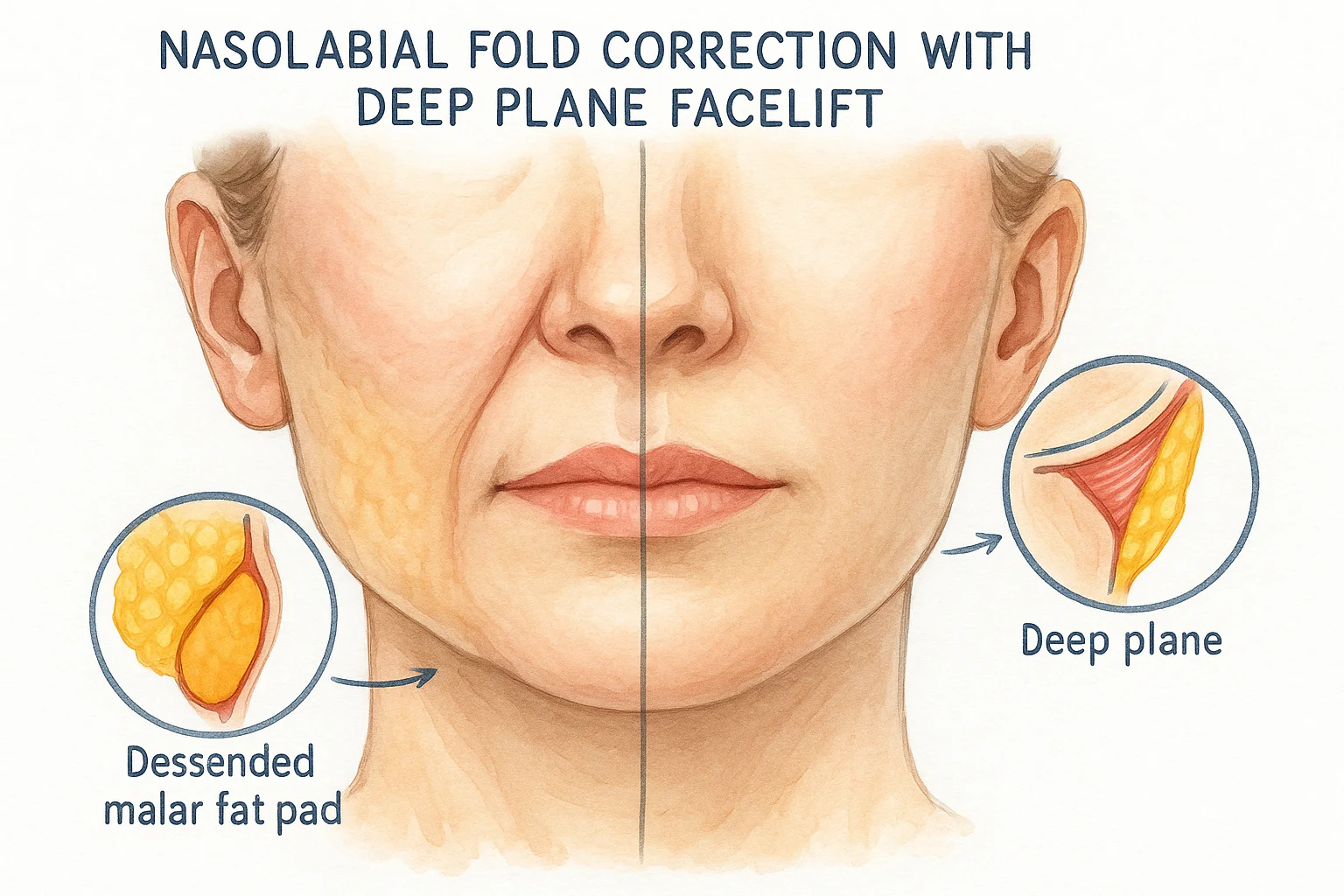 Nasolabial fold correction with deep plane facelift showing pre-correction depth and repositioned malar fat pad after surgery
