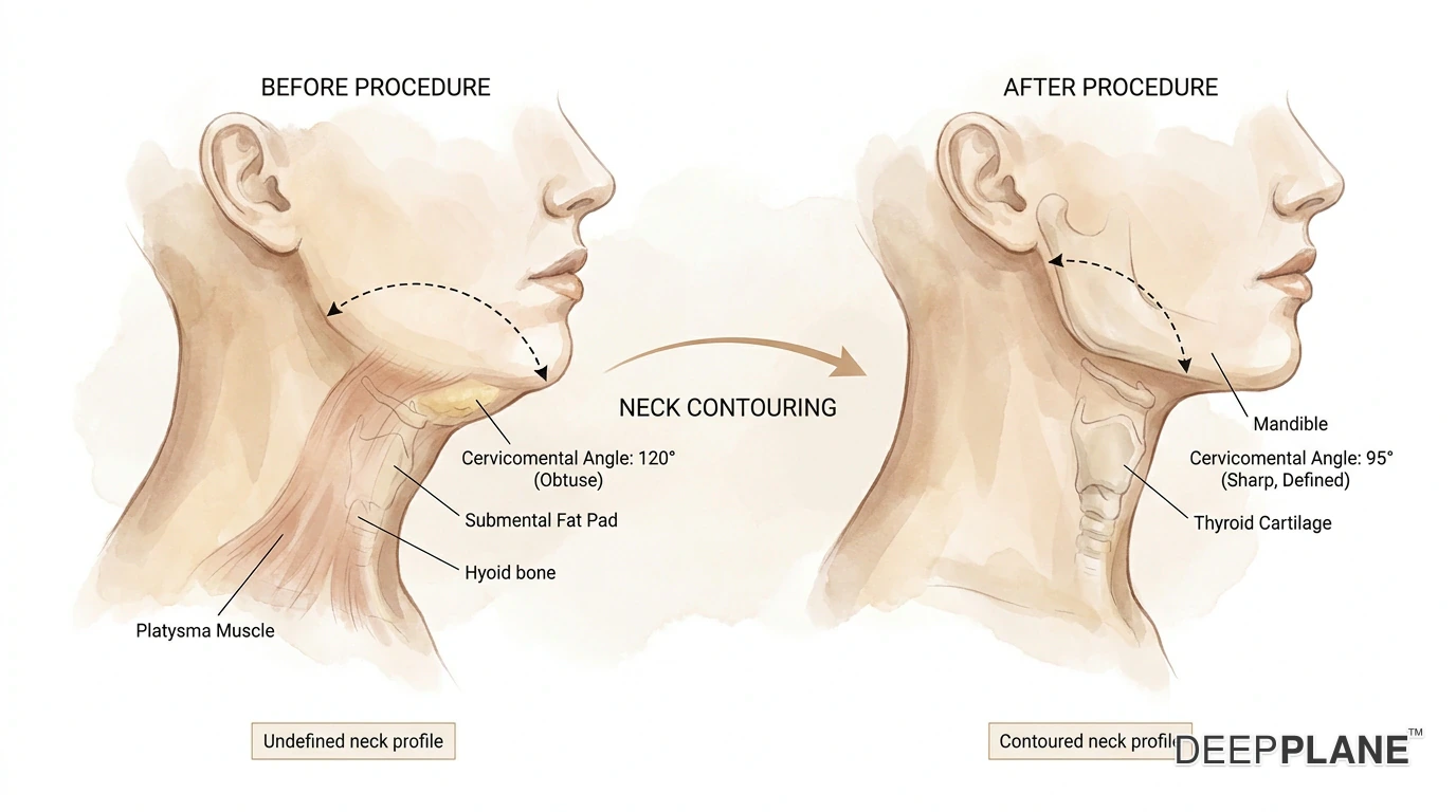 Neck contouring before and after: cervicomental angle from 120° obtuse to 95° sharp defined profile