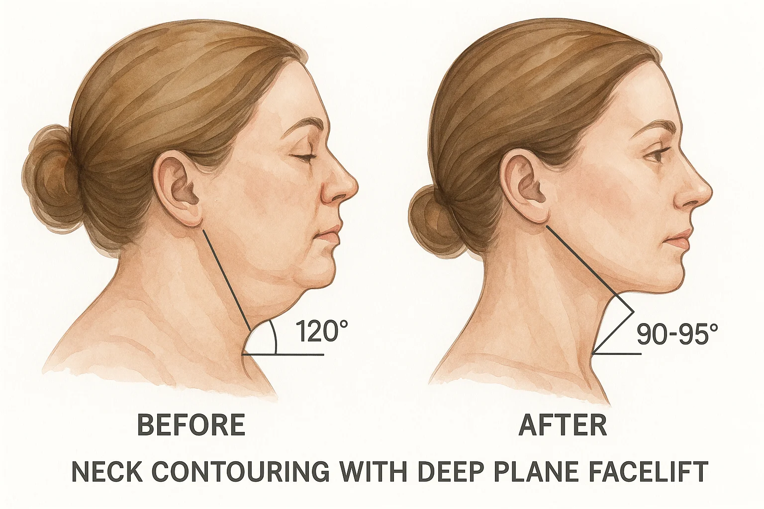 Neck contouring before and after: cervicomental angle from 120° obtuse to 95° sharp defined profile