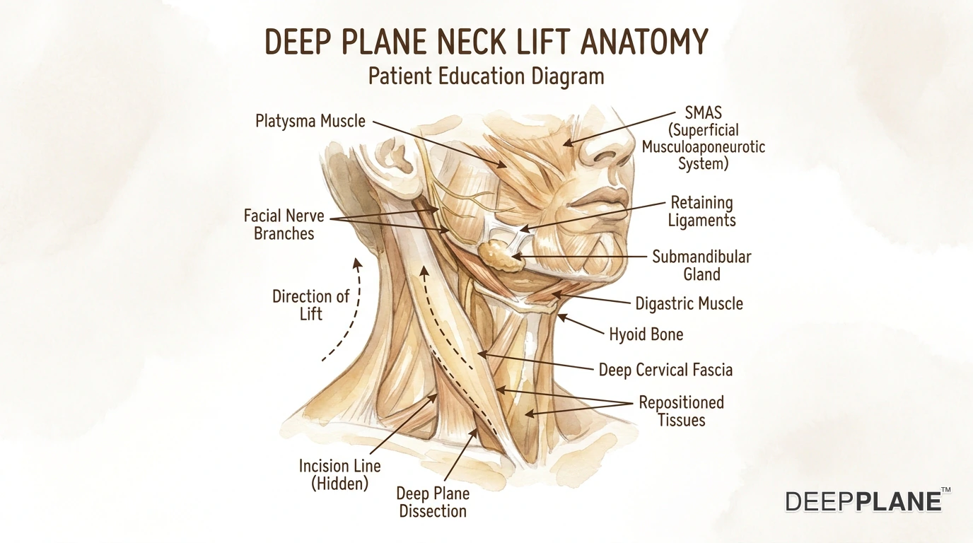 Anatomical diagram of deep plane neck lift showing platysma muscle, SMAS layer, subcutaneous fat, and cervicomental angle
