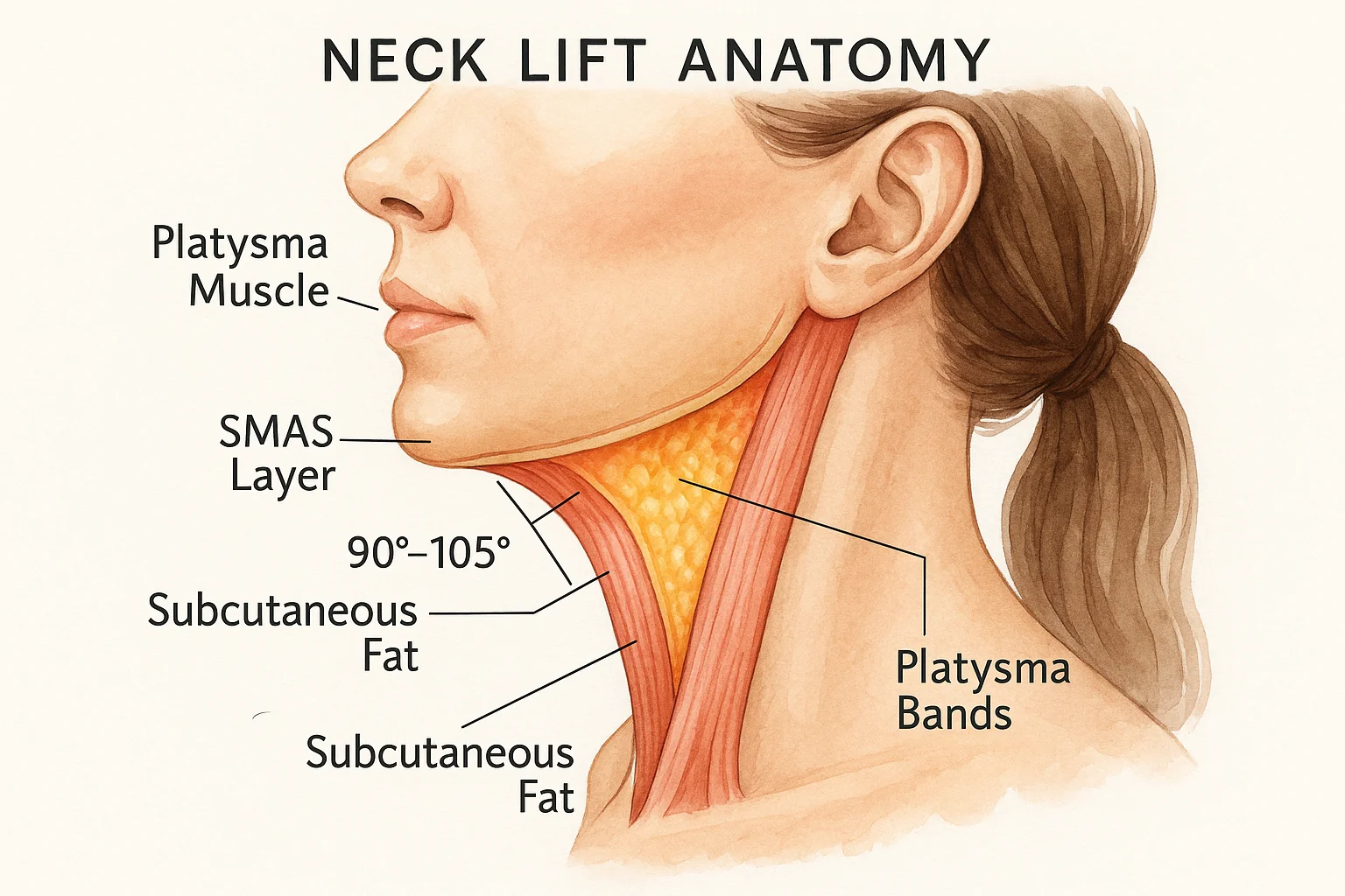 Anatomical diagram of deep plane neck lift showing platysma muscle, SMAS layer, subcutaneous fat, and cervicomental angle