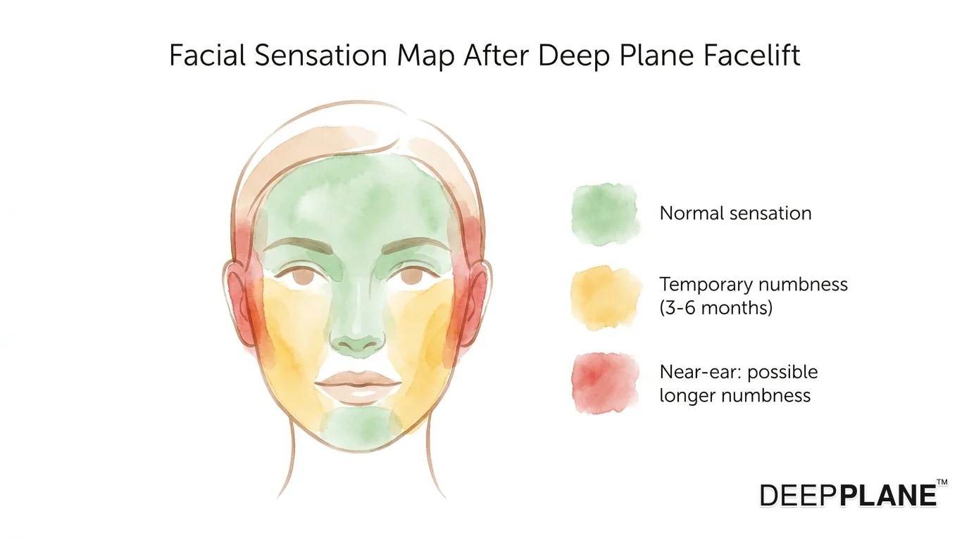 Facial numbness zones after deep plane facelift: green normal sensation, yellow temporary numbness 3-6 months, red near-ear longer numbness