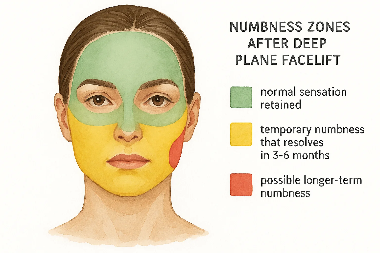 Facial numbness zones after deep plane facelift: green normal sensation, yellow temporary numbness 3-6 months, red near-ear longer numbness