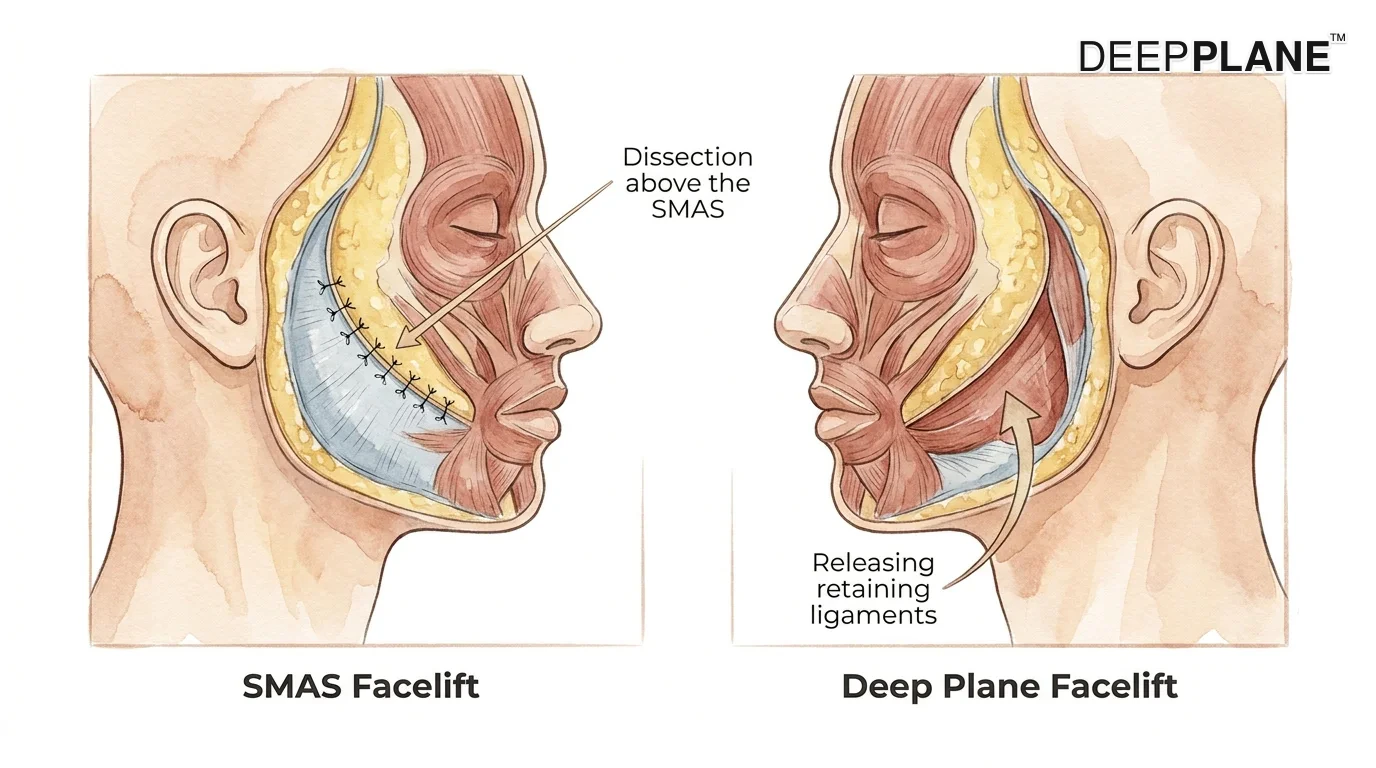 Side-by-side comparison of SMAS facelift plication technique vs deep plane facelift dissection, showing different surgical depth layers