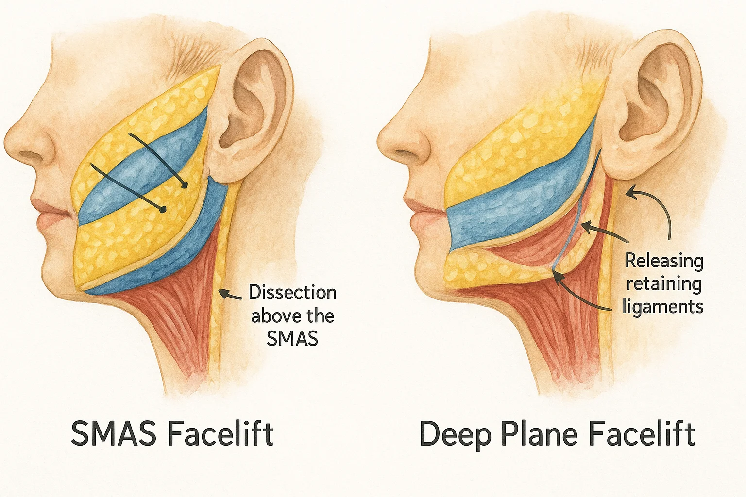 Side-by-side comparison of SMAS facelift plication technique vs deep plane facelift dissection, showing different surgical depth layers