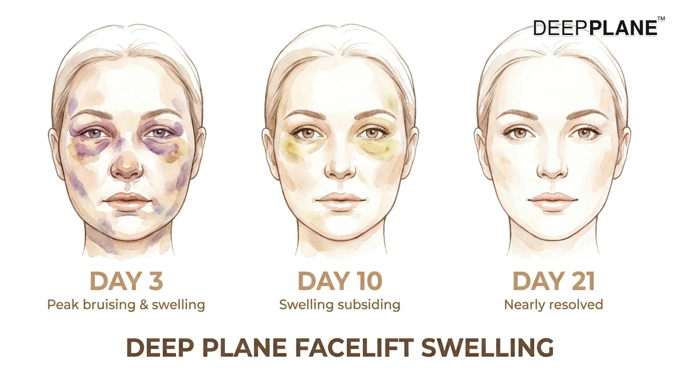 A deep plane facelift duzzanatának gyógyulási szakaszai: a 3. napon a zúzódások tetőznek, a 10. napon csökkennek, a 21. napon pedig már szinte normális a megjelenés