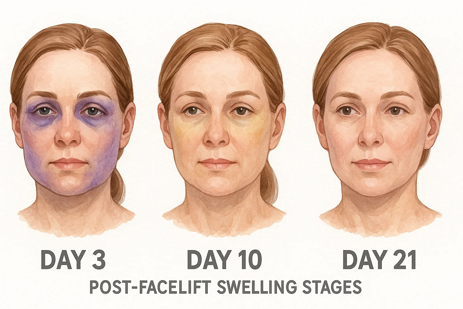 Deep plane facelift swelling recovery stages showing Day 3 peak bruising, Day 10 subsiding, and Day 21 nearly normal appearance